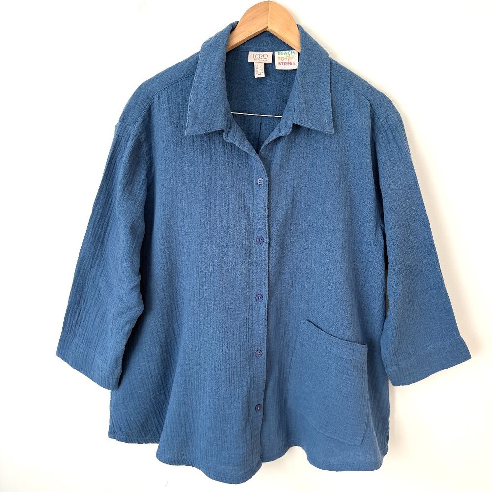 LOGO Lori Goldstein Beach to Street Blue Gauzy Cotton Top L Button Up Lagenlook